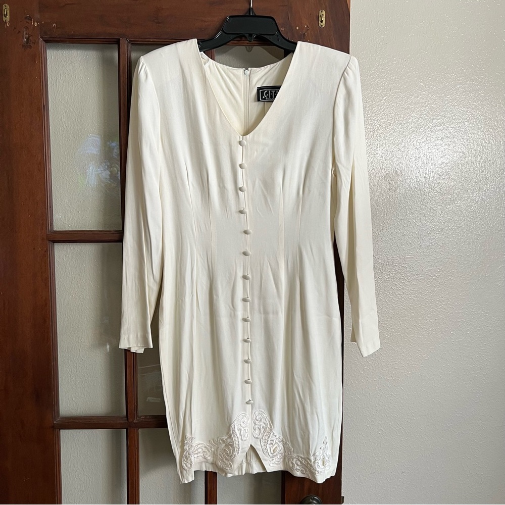 Vintage Cream Embroidered Buttoned Dress